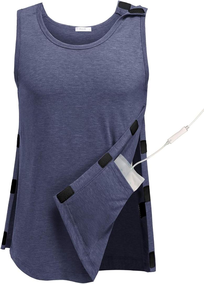 Deyeek Post Surgery Shirts Men Shoulder Mastectomy Recovery Tank Tops with Drain Pockets Adaptive Rotator Cuff Magic Tape (Large, Navy Blue)