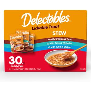Delectables Lickable Treat Stew Wet Cat Treat Variety Pack, Food Topper, Hydrating, Grain-Free, No Fillers, No By-Products, No Added Preservatives, 1.4oz Pouch, 30ct (EXP 10/24/27)