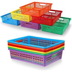 Ripeng 24 Pcs Bulk Plastic Baskets Classroom Storage Baskets with Handles Colorful Neon Storage Bins Teacher Stackable Desktop Organizer Tray for Classroom Kids Room Home Drawer, 13.6" x 10" x 3"