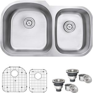 Ruvati 34-Inch Undermount Kitchen Sink 60/40 Double Bowl Kitchen sink, 16 Gauge T-304 Stainless Steel Kitchen Sinks, Deep Basin Sink, Brushed Finish RVM4600, Larger Bowl Left
