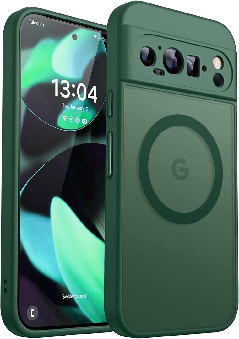 CANSHN Magnetic for Google Pixel 9 Pro Case(6.3 Inch), Upgraded [Full Camera Protection] [Compatible with Magsafe] [Translucent Matte] Shockproof Protective Phone Cover, Deep Green