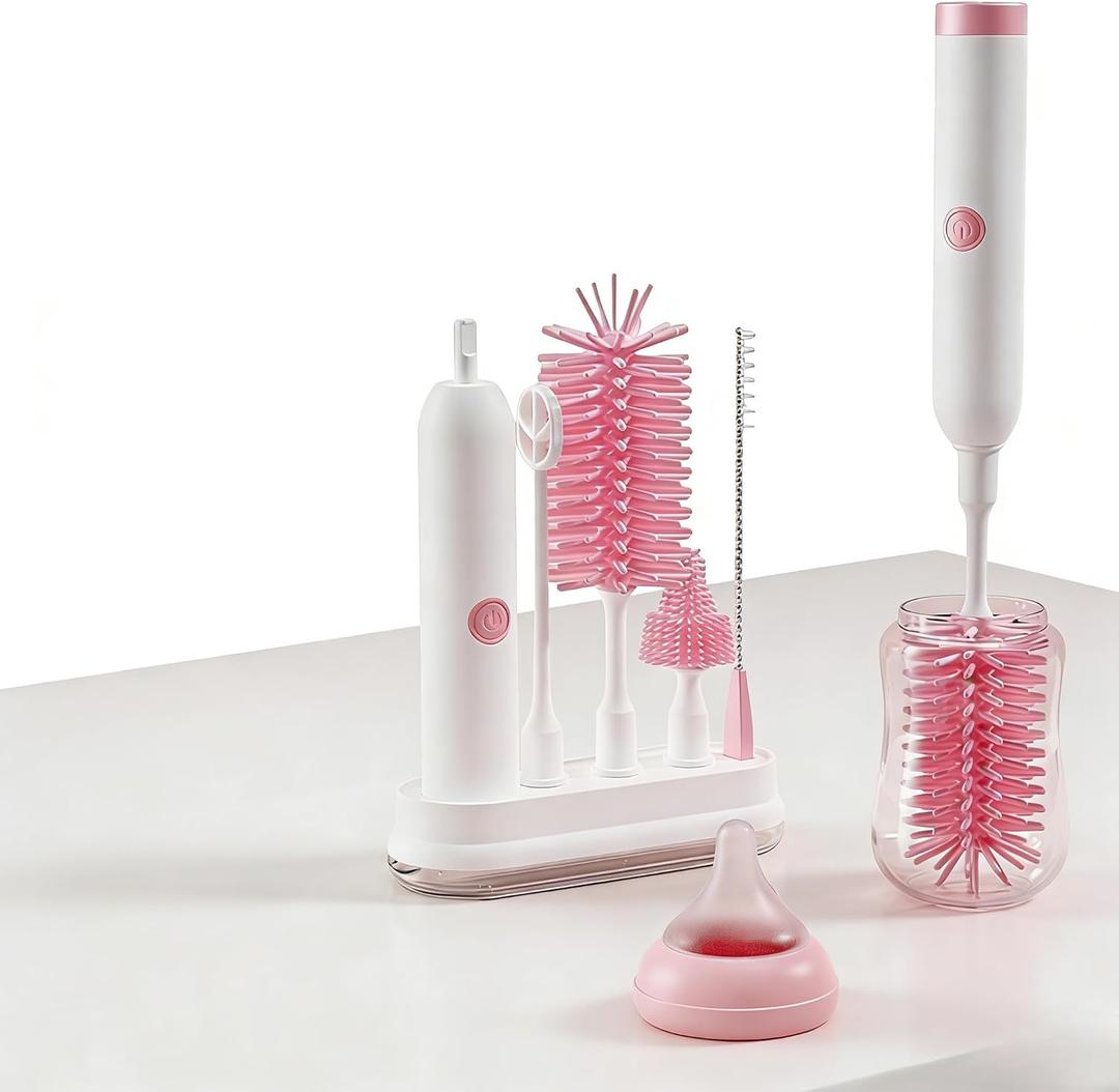 Rechargeable Electric Bottle Brush with Stand - 360 Spin Silicone Cleaner for Baby Bottles, Breast Pumps & Small Household Containers (Pink)