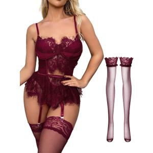 Lilosy Sexy Stocking Underwire Babydoll Lace Mesh Garter Lingerie Set with Panty 4 Piece (Large, Red)