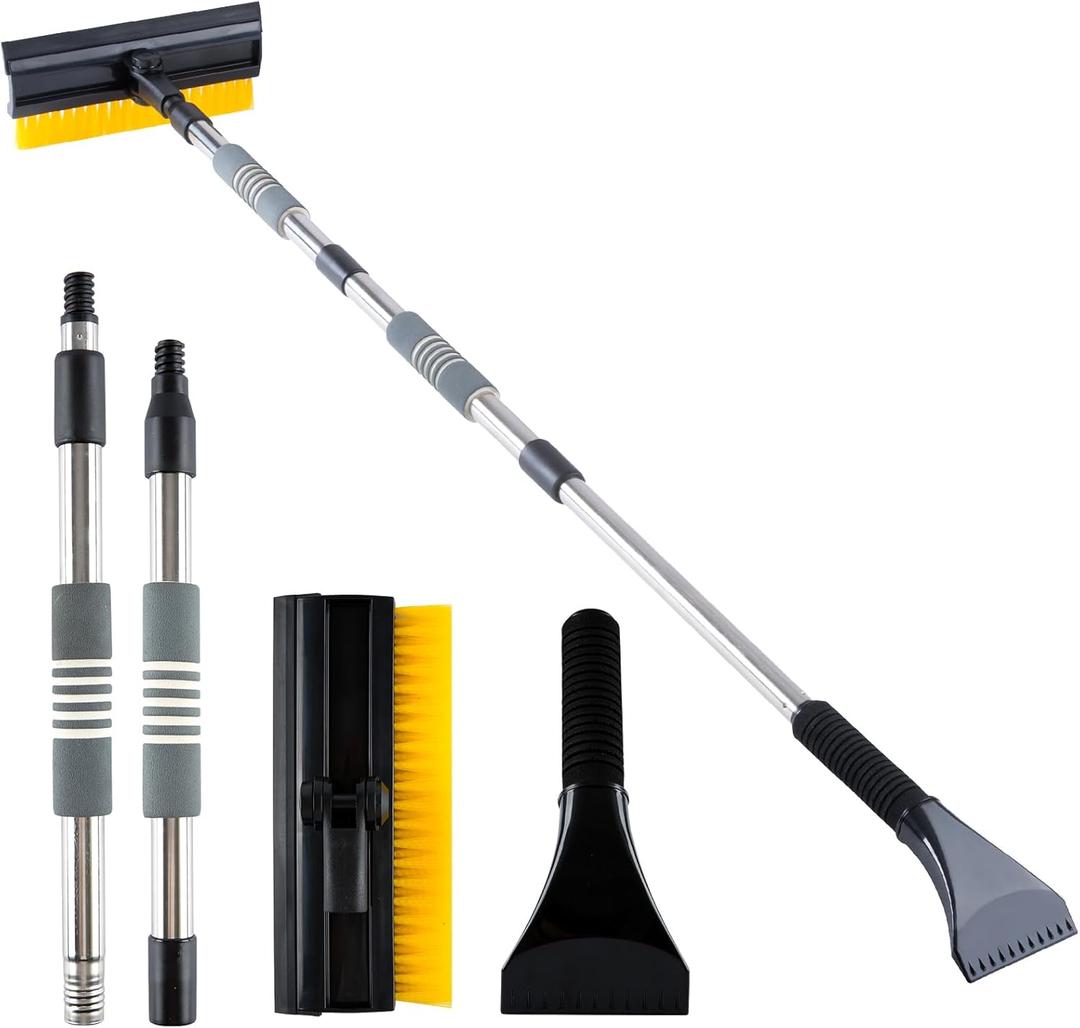 53'' Extendable Retractable Snow Brush & Ice Scraper for Cars/SUVs/Trucks - 360 Rotating Detachable Head, 10" Scratch-Free Squeegee, Ergonomic Foam Handle Winter Cleaning Tool (yellow&black)