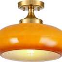 Mid Century Modern Semi Flush Mount Ceiling Light, Orange Vintage Glass Ceiling Lamp for Kitchen Hallway Living Room Entryway Bathroom Light Fixture