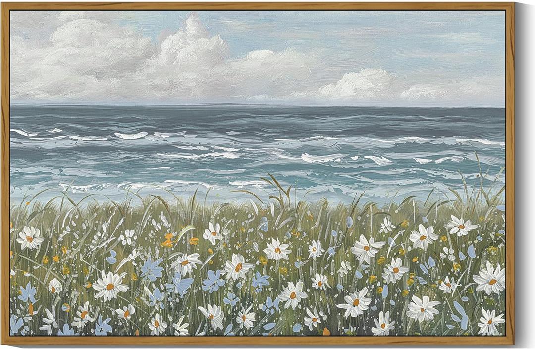 2 x SHENIFY Vintage Landscape Framed Wall Art Sea Coastal Wildflower Field Scenery Farmhouse Decor Retro Painting for Living Room Bedroom Ready to Hang Wall Artwork - 16x24in Natural Framed