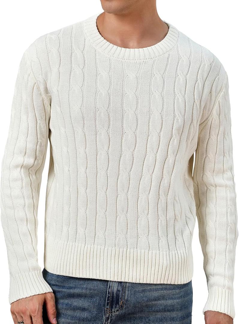 VPG Cable Knit Sweater for Men, Vintage Crewneck Cotton Dressy Lightweight Fitted Sweater (Beige, XL)