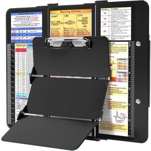 Nursing Clipboard Foldable, Foldable Clip Board w/Nursing Edition Cheat Charts, 3 Layers Aluminum, Nurse Clipboards w/Low Profile Clip & Pen Clip Pocket for Students, Nurses and Doctors, Black