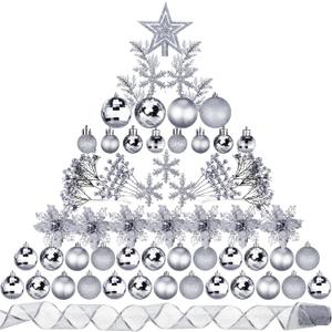 Sratte 94 Pcs Christmas Tree Decorations Set, Christmas Tree Ball Ornaments Glitter Poinsettia Flowers Decorations Glitter Berries Stems for Xmas Holiday Wedding(Silver)