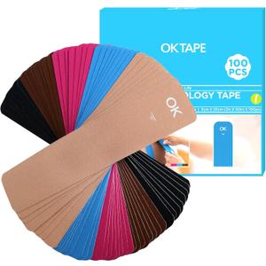 OK TAPE 100Pcs Precut Kinesiology Tape Strips, Elastic Athletic Tape for Joints Support & Muscle Pain Relief, Waterproof, Kinetic Tape for Shoulder, Knee, Ankle (5 Colors, 2 inch x 10 inch)