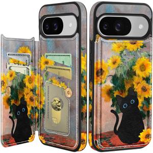 Shorogyt for Google Pixel 9/for Pixel 9 Pro Wallet Case with Card Holder - Sunflower Cat Design Kickstand for Magnetic Clasp Back Flip Folio Leather Phone Cases for Pixel 9/9 Pro Case for Women Girls
