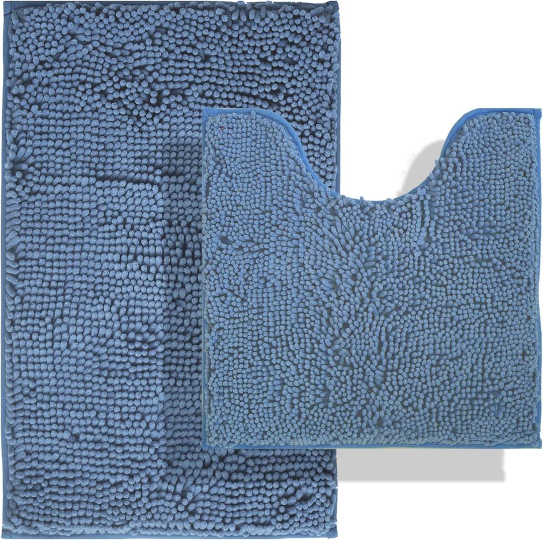 BOANKODU Bath Rug Sets 2-Piece, Soft Chenille Bath Mat - U-shape (32x20 + 20x20 Inch) for Bathrooms, Non-Slip, Machine Washable (Deep Blue)