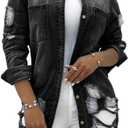 SeNight Women's Jean Jacket Long Sleeve Classic Distressed Fray Hem Tassels Denim Trucker Jackets (X-Large, 1black)