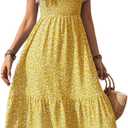 SKAYS Women's Square Neck Floral Dress Puff Sleeve Autumn Casual Ruffle Long Dress (Yellow) M