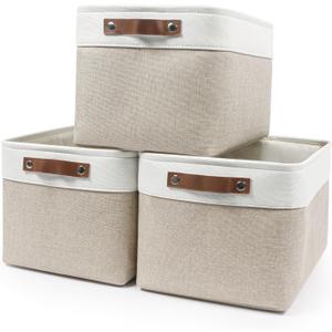Bagnizer Storage Bins Large Fabric Storage Baskets for Shelves 3 Pack, Decorative Linen Closet Baskets with Handles for Organizing, Shelf, Clothes, Home, Office, 15x11x9.5Inches (Beige&White)
