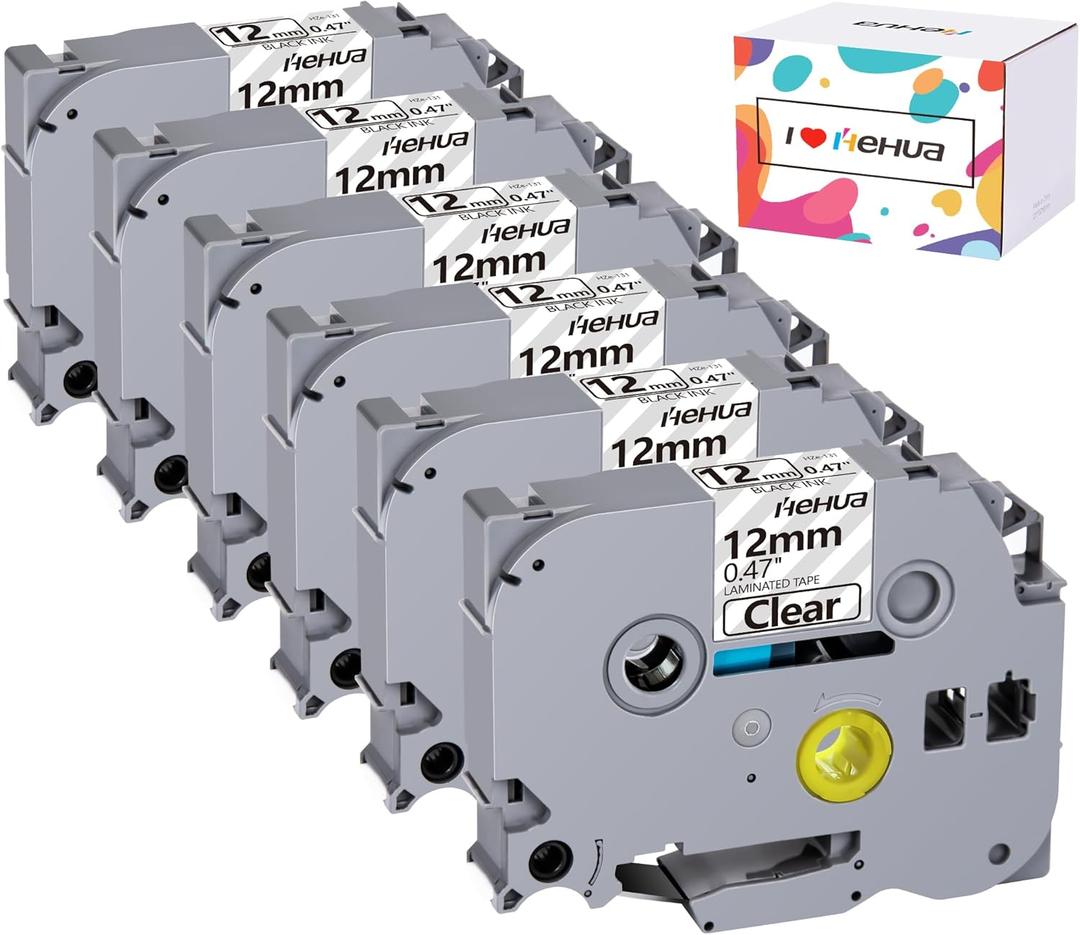 Hehua Clear Label Maker Tape TZe-131 TZe131 Compatible for Brother Label Maker Tape, Ptouch Tape 12mm 0.47 Clear Compatible for Brother Tze Tz Tape 12mm 0.47 Laminated, 6 Pack