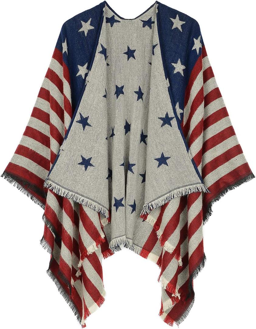 Womens Blanket Shawls Wraps Winter Printed Open Front Poncho Cape Plaid Shawls for Women (One Size, X American Flag)