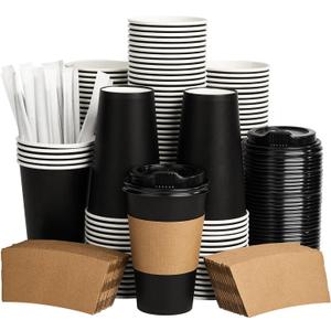 Coffee Cups with Lids 16 oz 100 Pack, Sleeves and Stirring Sticks, Black Disposable Hot Paper Cups with Lids, To Go Cups, for Parties, Picnic, Travel, and Events
