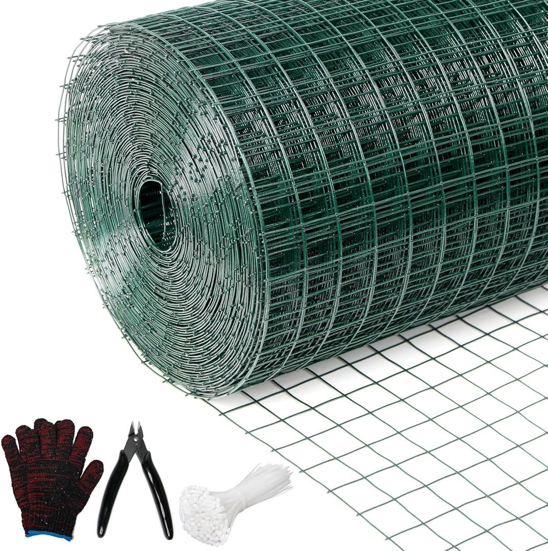 Hardware Cloth 1' 48in x 100ft Chicken Wire, Green Garden Fence, PVC Coated Metal Welded Wire Mesh for Preventing Snakes, Raccoons, Foxes, Poultry Netting