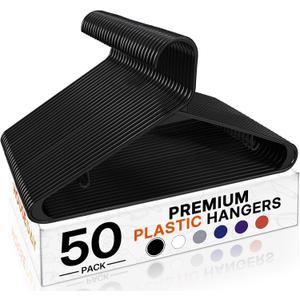 HOUSE DAY Black Plastic Hangers 50 Pack, Plastic Clothes Hangers with Built-in Hooks, Durable and Strong Plastic Coat Hangers for Closet, Space Saving Clothing Hanger for Shirts, Coats, Skirt, Dress