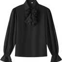 Boys Kids Medieval Pirate Shirt Vampire Costume Renaissance Victorian Scottish Jacobite Ghillie Halloween Tops (6-8 Years, Black)