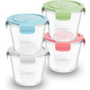 4 Pack Meal Prep Containers Reusable Glass with Airtight Lids, 3 Cup Round Glass Soup Containers with Lids, Leak-Proof Glass Containers for Food Storage Microwave, Dishwasher Freezer Safe (Multi)
