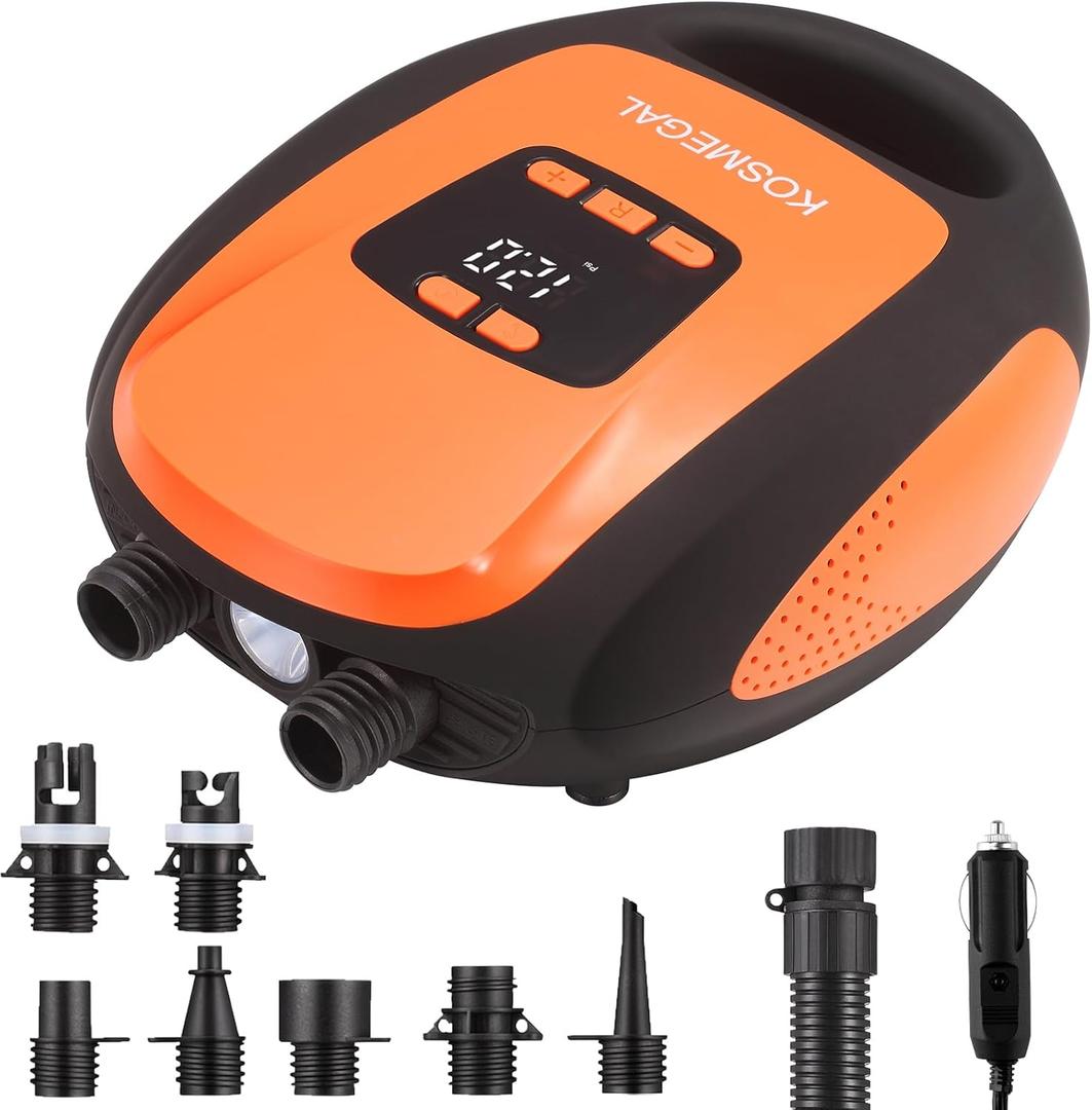 kosmegal Paddle Board Pump Electric Portable, SUP Pump for Paddleboard, 20PSI Air Compressor with Auto-Off, Deflation Function and 12V DC Car Connector for Inflatables, Kayaks and Boats (Orange)