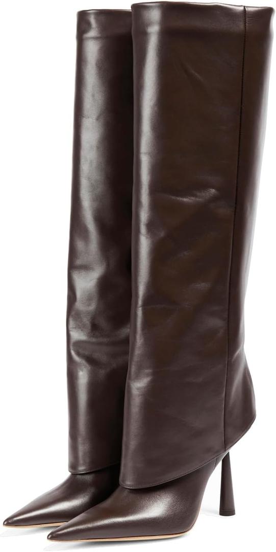 Goolita Fold Over Boots For Women, Pointed Toe Stiletto Heel Knee High Boots Fashion Comfortable Slip On Tall Boots (7, Pu-brown)