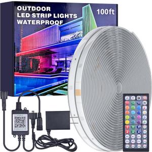 MIHEAL 100FT Outdoor LED Strip Light IP67 Waterproof,Outside RGB Lights with App/Remote Control,Color Changing,Music Sync Rope Light for Balcony,Deck,Rooftop,Garden,Pool