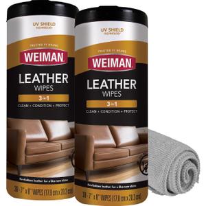 Weiman Leather Cleaner & Conditioner - Cleans, Restores & Protects Leather, UV Protection Prevent Cracking & Fading, For Car Seats, Sofas, Shoes, Bags & All Finished Leather Surfaces, 2 Pack, 60 Wipes