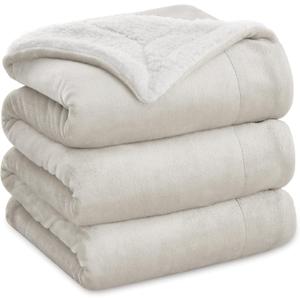 Bedsure GentleSoft Sherpa Fleece Blanket Queen Size for Bed, Non-Heated, Thick and Warm Throw for Women and Men, Soft Fuzzy Plush Queen Blanket for Winter, Linen, 90x90 Inches
