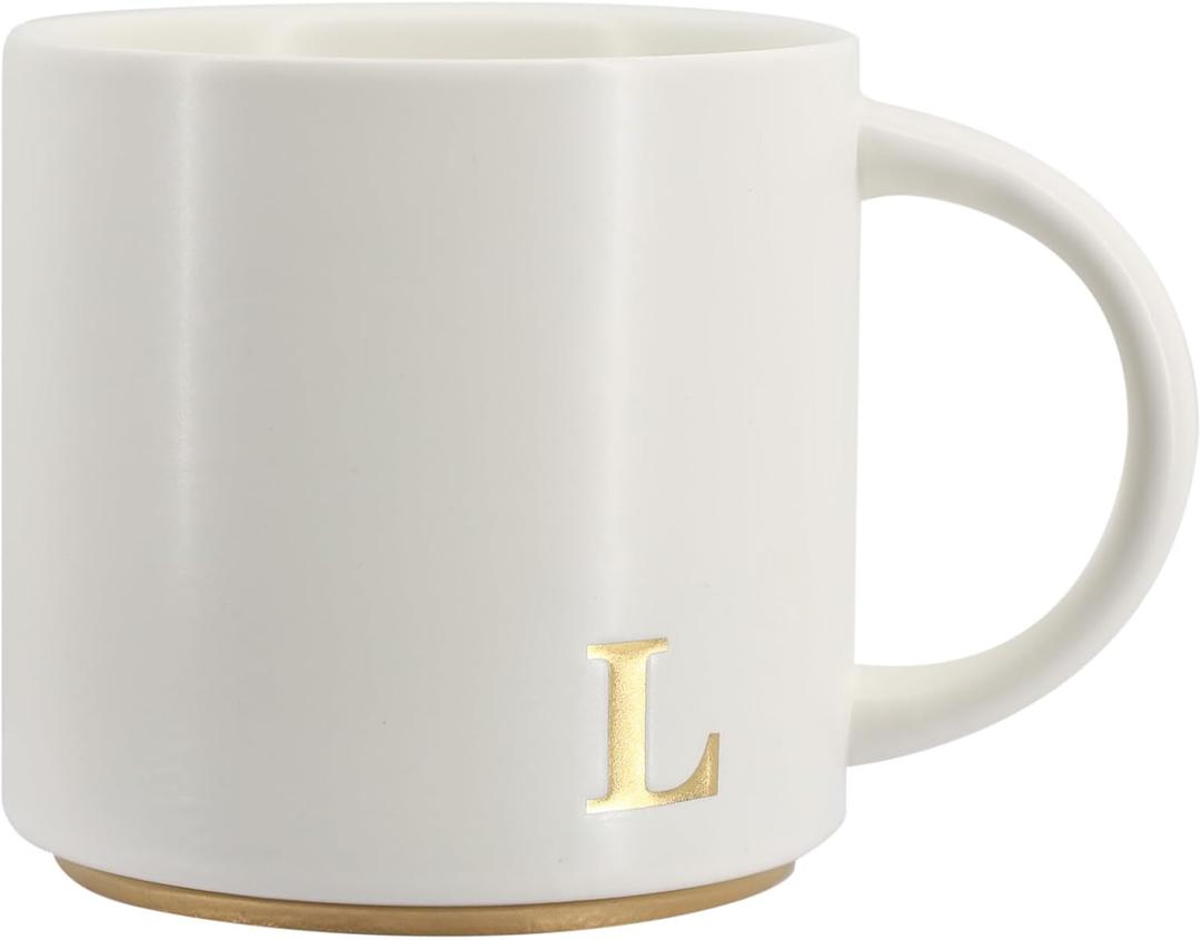 COLLECTIVE HOME - Monogram Ceramic Mugs, 15 oz Golden Initial Coffee Cups, Elegant Capital Alphabet Tea Mugs, Elegant Personalized Mug with Gift Box, Luxurious Cups for Office and Home (L)