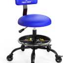 Rolling Shop Stool with Wheels, Garage Mechanic Stool Chair with Backrest, Height Adjustable Heavy Duty Swivel Task Chair, Adjustable Footrest with Storage Tray for Garage Kitchen Salon Tattoo (Blue)