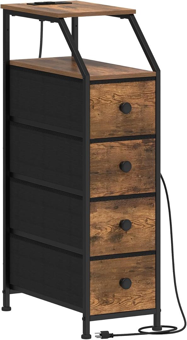 Narrow Dresser Tall Skinny Storage Tower Vertical Slim Chest of Drawers with Charging Station Small Nightstand Side Table for Bedroom, Bathroom, Small Spaces (Rustic Brown, 4 Drawers), 18.9"D x 9.8"W x 34.4"H