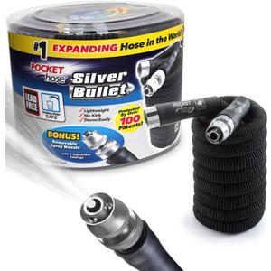Pocket Hose Silver Bullet Expandable Garden Hose, Adjustable Turbo Shot Nozzle, AS SEEN ON TV, 25ft, Lead-Free, Ultra-Lightweight, Solid Aluminum Connectors, On/Off Valve, No Kink, Anti-Leak