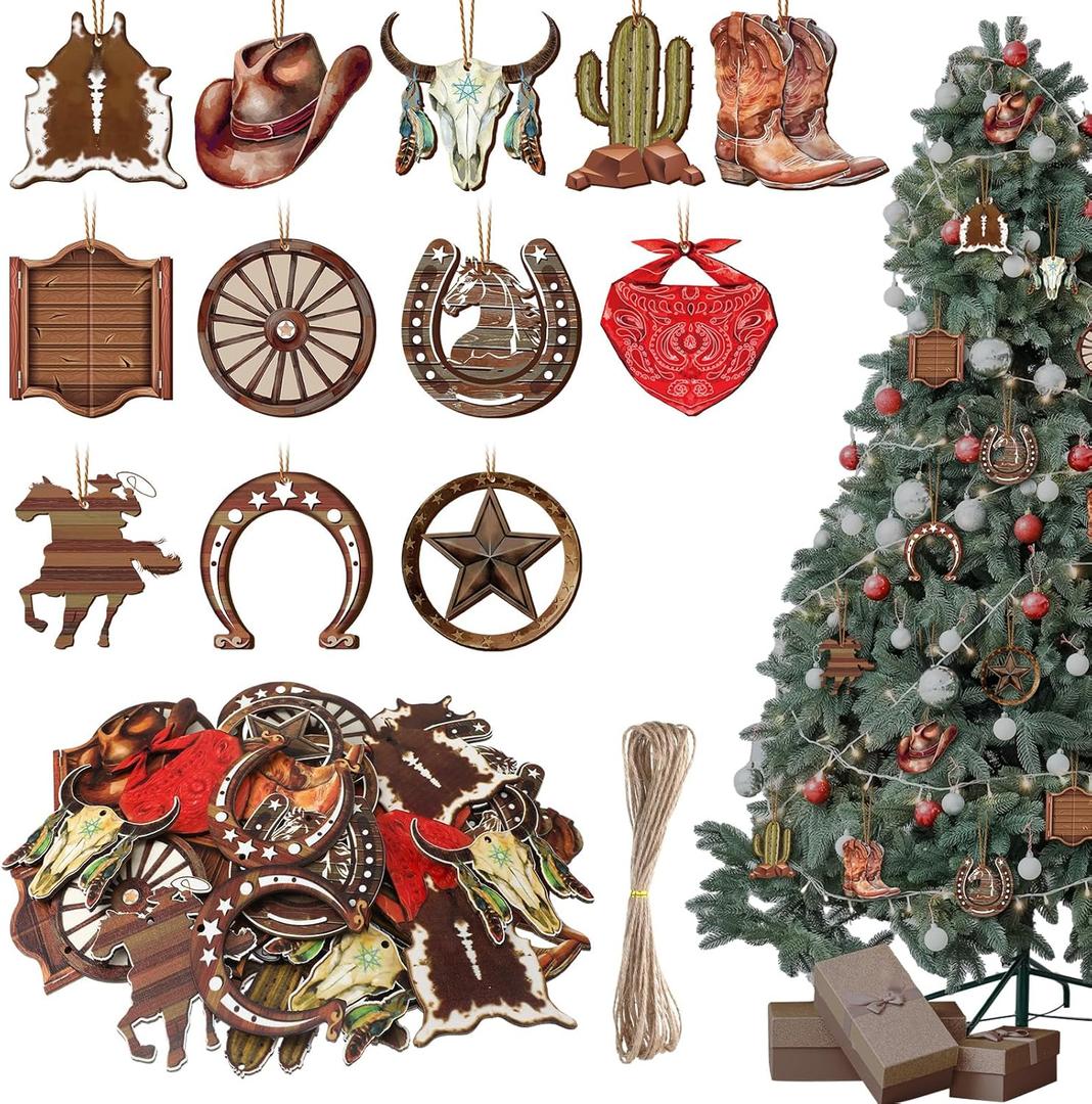 36 Pcs Western Cowboy Ornaments for Christmas Tree Hanging Double-Sided Printing Wooden Xmas Decor Cowboy Hat Cactus Horseshoe Boots Ornaments for West Theme Decorations
