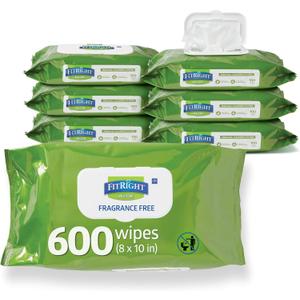 FitRight Personal Cleansing Wipes with Aloe (8x10 inch) | 600 Pieces Moisturizing Body Wipes for Adults Bathing and Incontinence Cleaning | Unscented Cloth Adult Wipes for Elderly Care
