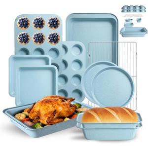 11-Piece Nonstick Baking Pans Set - Professional Grade Carbon Steel Bakeware with Premium Coating- Dishwasher Safe, Stackable, Oven Safe to 450F (Slight Blue)