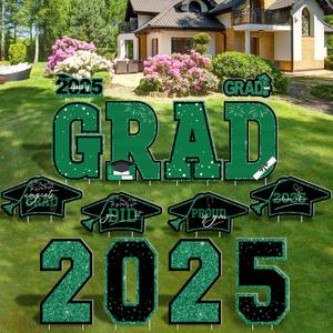 14 PCS Graduation Outdoor Decor, Green Glitter Congratulations Graduation Yard Signs with Stakes, Plastic Congrats Grad Yard Stakes, Large Grad Cap College High School Outdoor Lawn Decorations