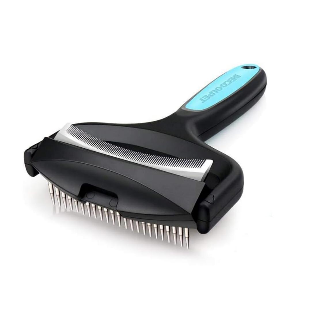 2-Sided Dematting & Deshedding Comb for Pets, Larger Size - 2 Types of Stainless Steel Brush Heads, Ergonomic Handle