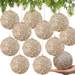 Lyrow 12 Pcs Large Glitter Christmas Ball Ornament Vintage Foam Christmas Tree Balls Sequin Hanging Ornament for Xmas Tree Home Wedding Winter Holiday Party Decor(Champagne Gold,4 Inch)
