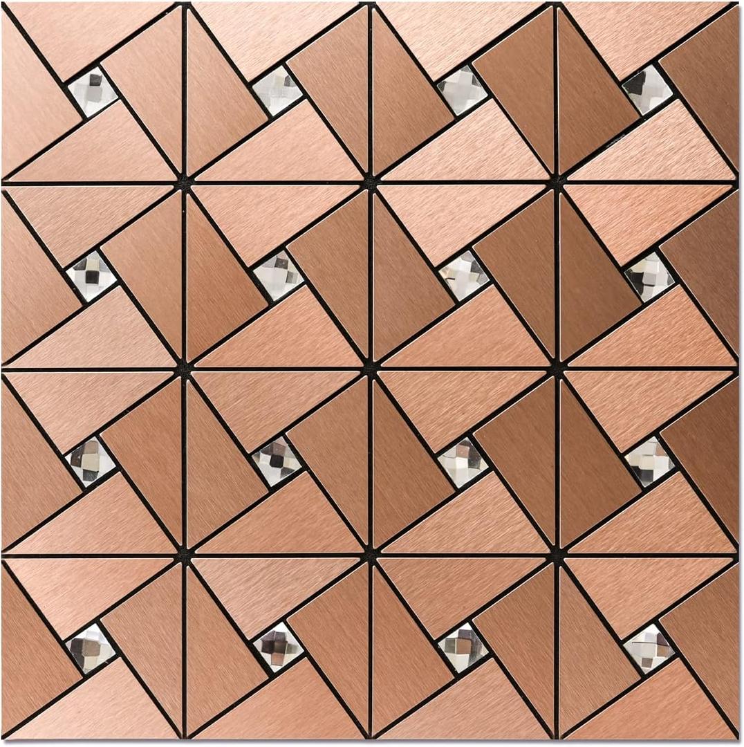 Art3d 10-Sheet Peel and Stick Backsplash Metal Mosaic Tiles for Kitchen Wall Decor, Stick on Aluminum Composite Tiles Stikers, Copper Windmill Puzzle Glass Mixed (12x12 Inch)
