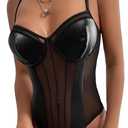 Lilosy Sexy Wireless Strappy Mesh Corset Lingerie Bodysuit Top (Large, Pu Black)