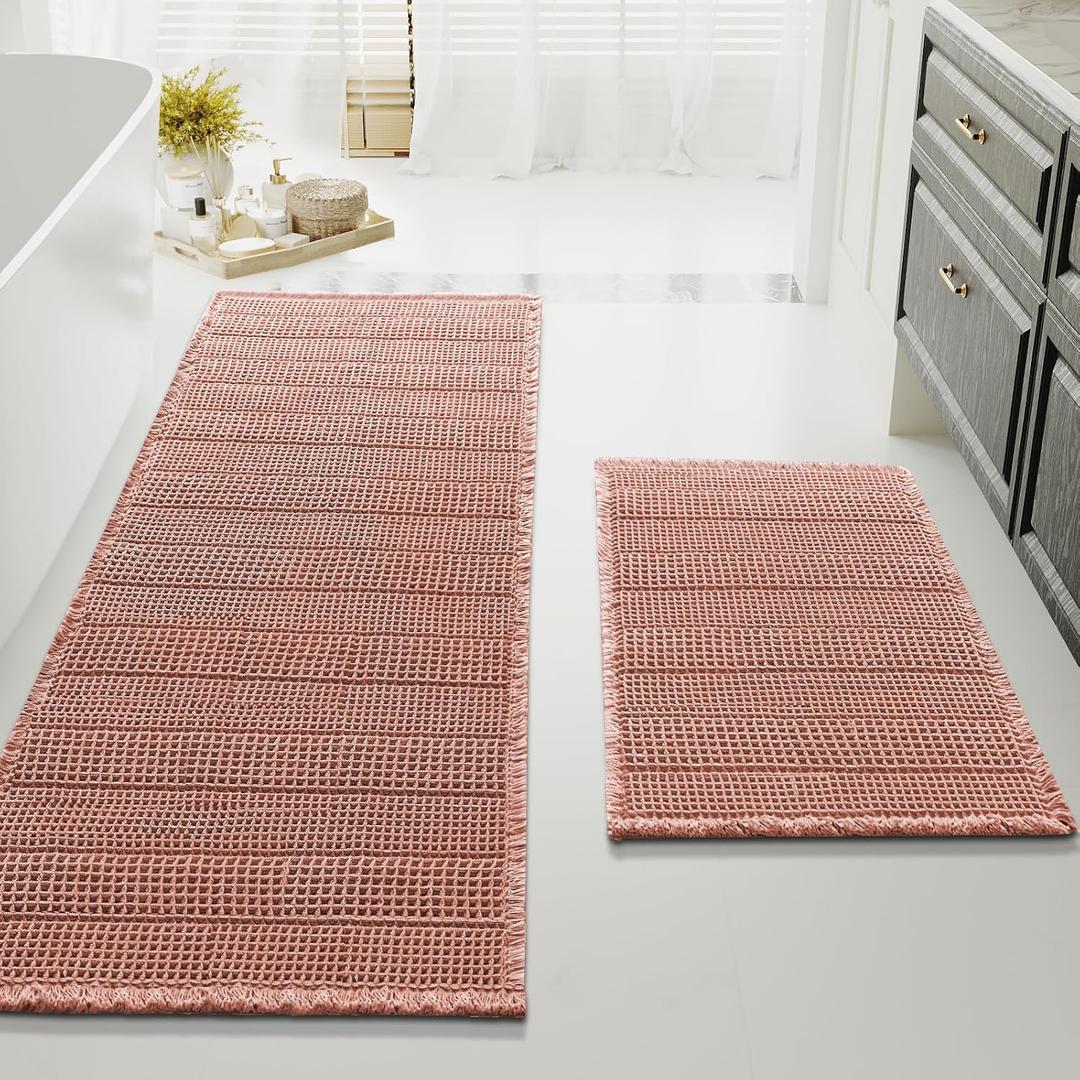 H.VERSAILTEX Waffle Bath Mat Super Absorbent Bathroom Mats Non Slip Bath Rugs for Bathroom Floor Machine Washable Ultra Soft Bathroom Rugs for Beside Tub, (32 x 20 Plus 24 x 60 - Inches, Soft Pink)