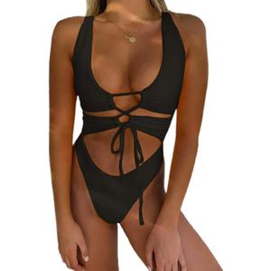 CHYRII Women's Sexy Cutout Lace Up Backless High Cut One Piece Swimsuit Monokini (Large, Black)