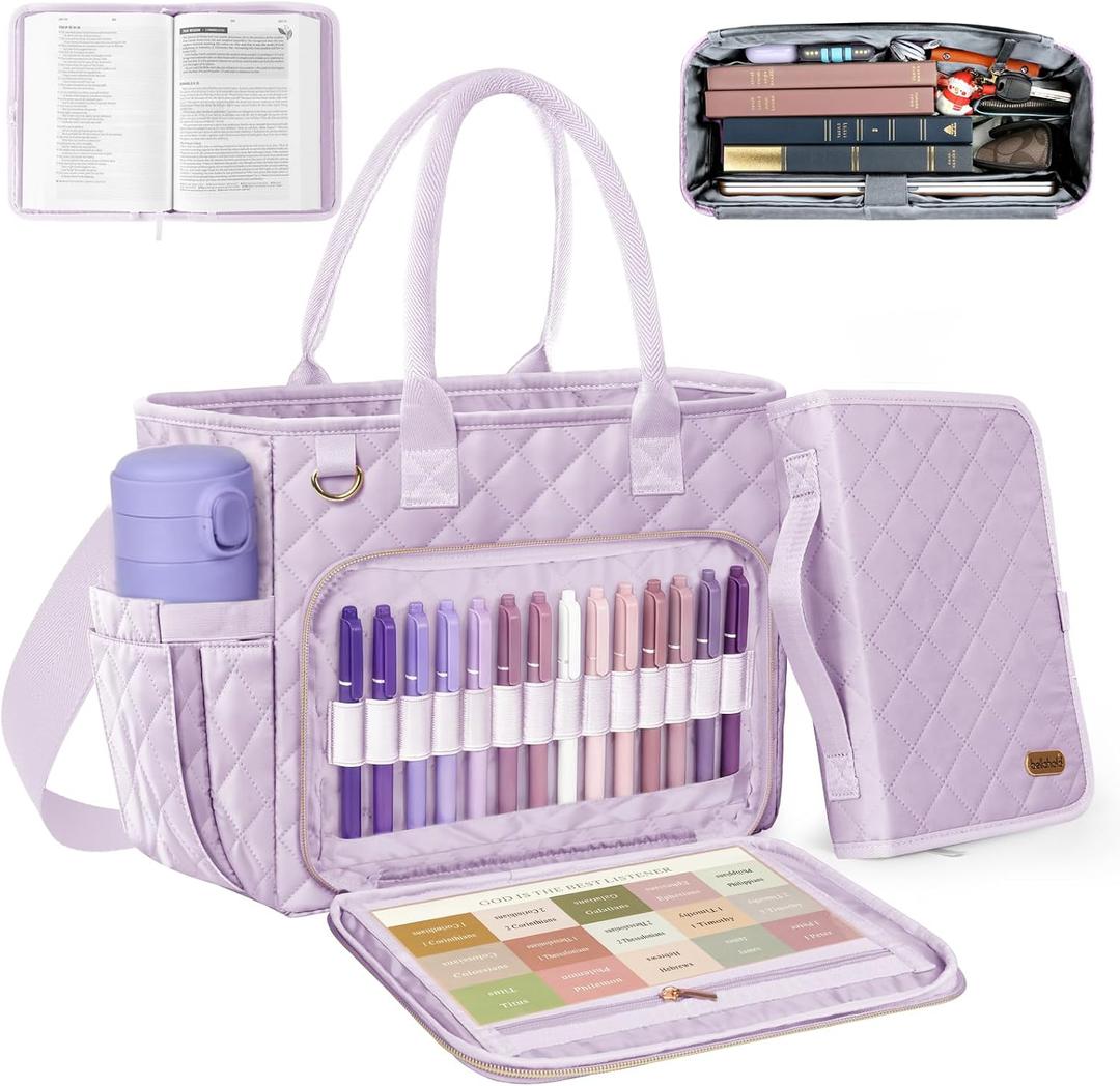 BellaHold Large Bible Bag with Bible Cover Case for Women, Church Bag with Shoulder Strap, Quilted Bible Cover for Bible Study Supplies, a Christian Gift for Women, Light Purple