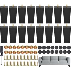 TURSTIN Set of 16 Black 6 Inch Square Solid Wood Furniture Legs Wooden Replacement Feet for Sofa, Couch, Chair, Bed, Cabinet, Table, Includes Screws, Iron Washers, Felt Pads & Screwdriver