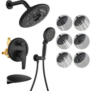 SHAMANDA Luxury Tub Shower Faucet Set with Round-in Valve, Wall Mounted Shower System with Waterfall Tub Spout and 6-Setting Rain Shower Head with 9-Setting Handheld, Matte Black, L8083-7