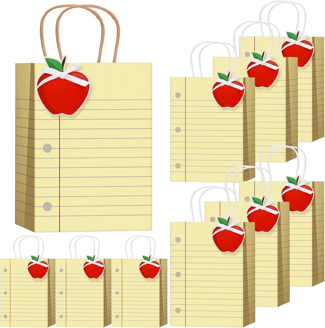 Kolldenn 24 Sets Yellow Lined Notebook Teacher Gift Bags with Tissue Apple Tags Back to School Thank You Teacher Paper Bags with Handle Cards Gift for Retirement