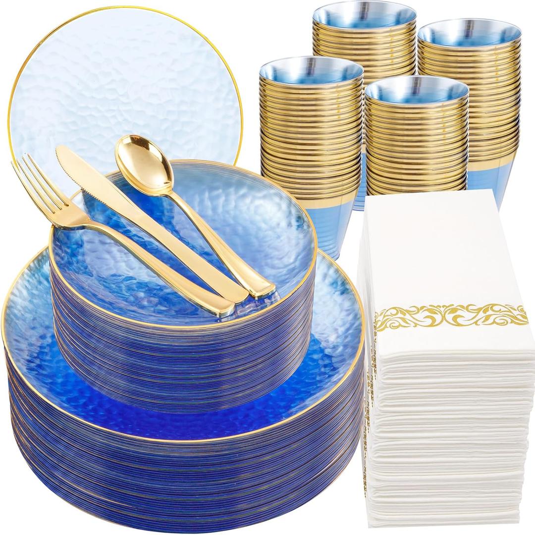 DaYammi 350PCS Clear Blue Gold Plastic Dinnerware Set for 50 Guests, Hammered Disposable Plates for Party, Include: 50 Dinner Plates, 50 Dessert Plates, 150 Gold Silverware, 50 Napkins, 50 Cups